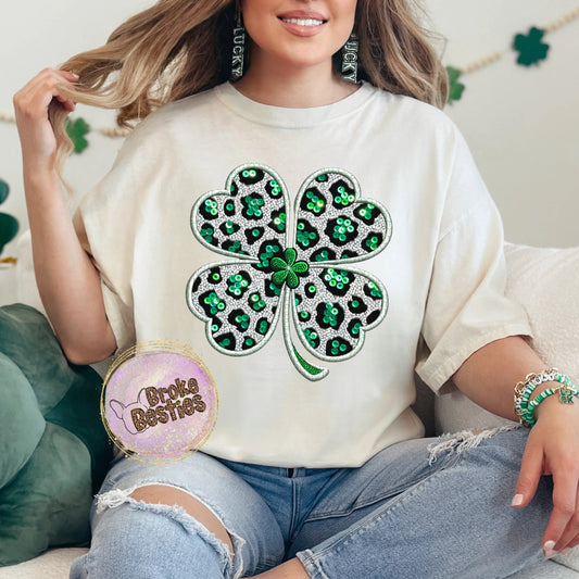 Leopard Print Silver & Green Faux Embroidery Four Leaf Clover