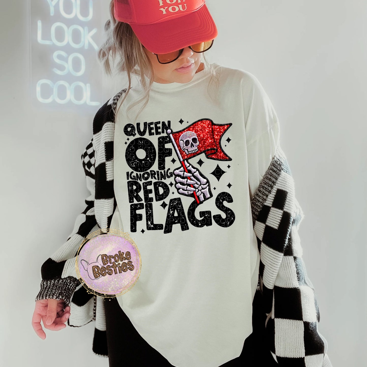 Queen Of Ignoring Red Flags Faux Embroidered Tee
